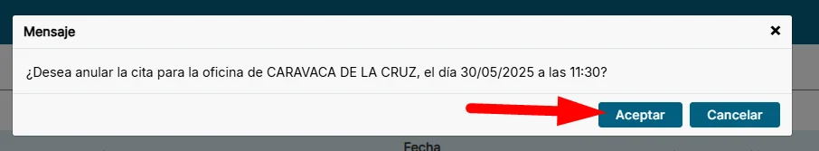 Aceptar la eliminacion de la cita SEG SOCIAL