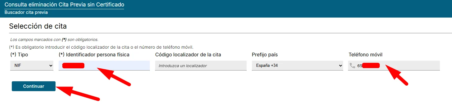 Rellenar datos para cancelar cita en SEG SOCIAL